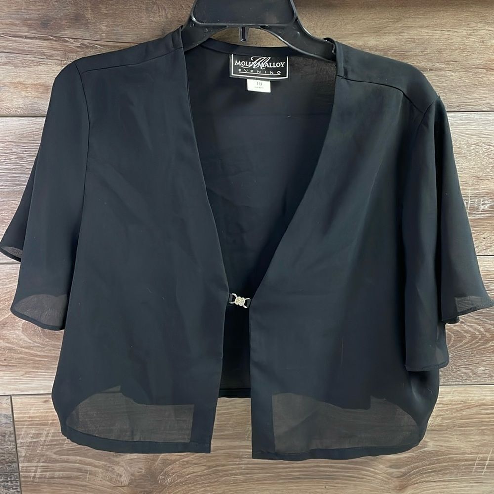MOLLY MALLOY EVENING Ladies Dressy Black Sheer Cardigan Rhinstone Clasp Size 18 - Picture 2 of 7